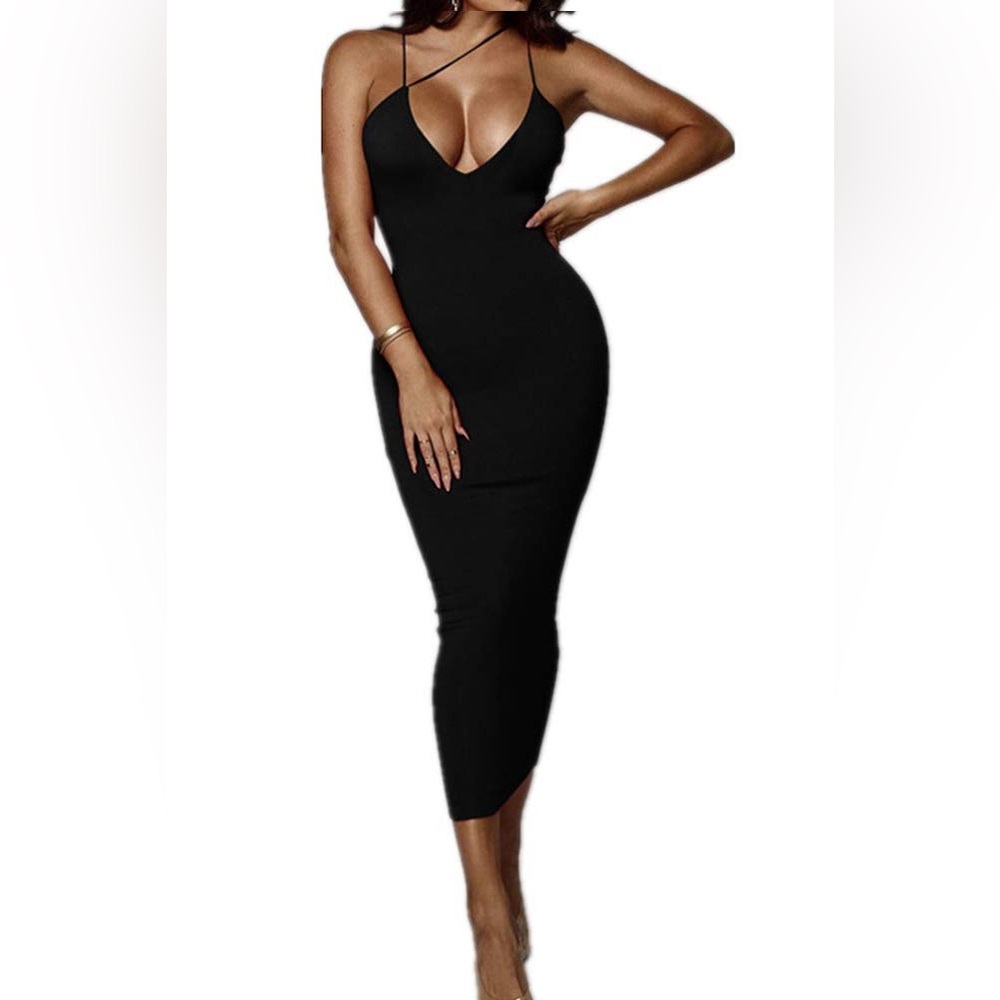 NWT‎ Asymmetrical Spaghetti Strap Deep V-Neck Bodycon Midi Dress - Med